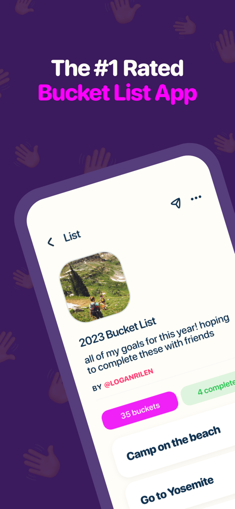 Bucket List - The Bucket App - Interface of the Bucket List app showing a personalized list of travel and adventure goals