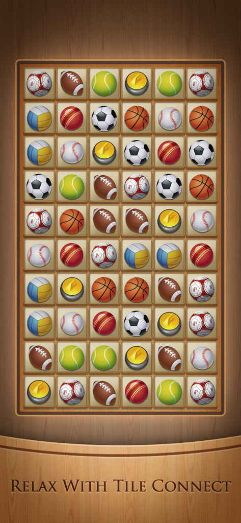 Tile Connect: Matching Games - 木製の背景にスポーツボールタイルのグリッドが表示されたTile Connectパズルゲーム画面