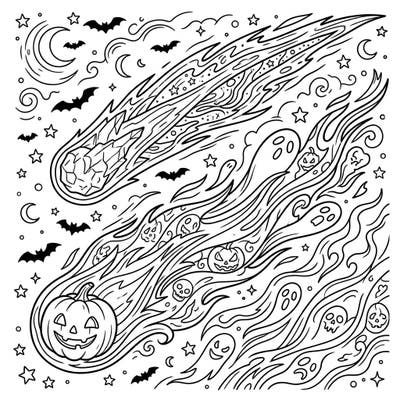 Prepare for an out-of-this-world Halloween with this electrifying coloring page for teens. Discover a spooky comet blazing through space, its trail filled with ghoulish ghosts, grinning pumpkins, and flying bats.