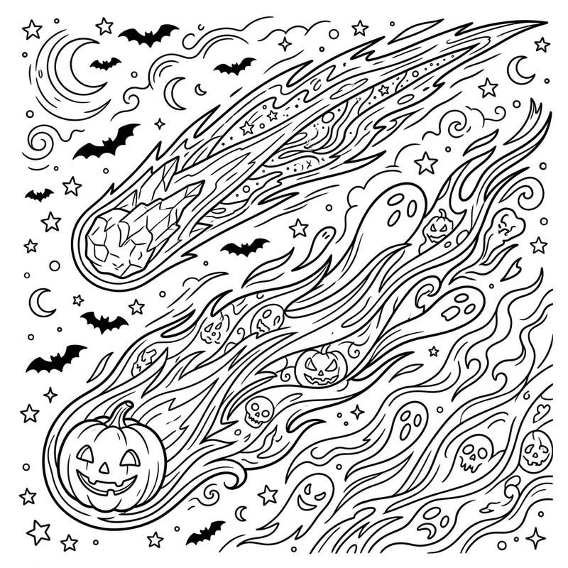 Prepare for an out-of-this-world Halloween with this electrifying coloring page for teens. Discover a spooky comet blazing through space, its trail filled with ghoulish ghosts, grinning pumpkins, and flying bats.