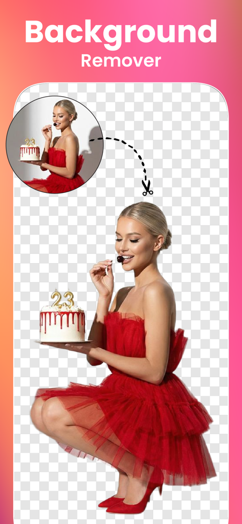 AI background remover feature showing a woman in a red dress with a transparent background