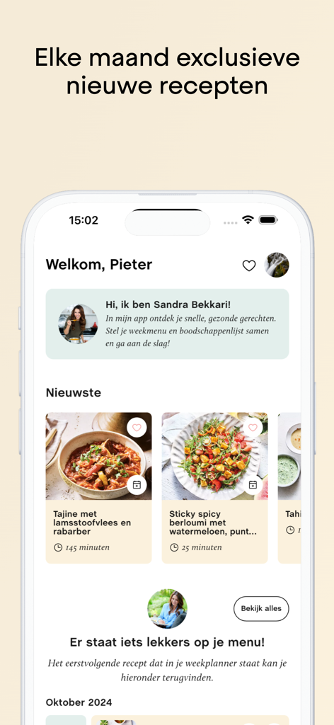 Recepten van Sandra - Écran d'accueil de l'application mobile Recepten van Sandra montrant des suggestions de recettes saines personnalisées et un tableau de bord de planification de repas.