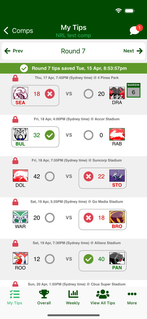 iTipFooty - iTipFooty app My Tips screen showing NRL match results and tipping history