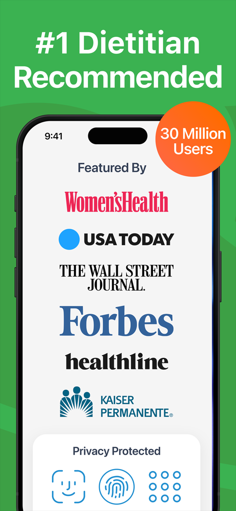 Calorie Counter - MyNetDiary - Schermata promozionale di MyNetDiary che mostra raccomandazioni di dietologi, 30 milioni di utenti e articoli di stampa da Forbes e The Wall Street Journal.