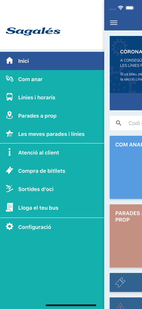 Menu de navigation de l'application mobile Sagalés avec des options de transport