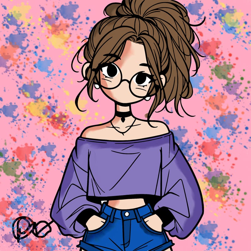 girl with a messy ponytail glasses a baggy crop top and jean shorts