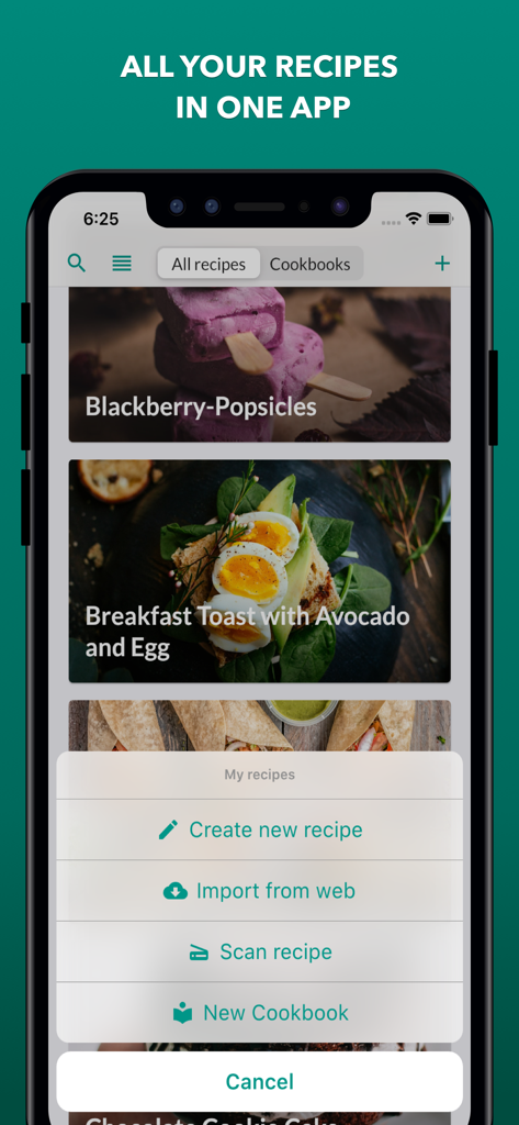 körbchen | Recipe Manager - さまざまな料理とレシピインポートメニューが表示されたレシピマネージャーアプリのスマートフォン画面