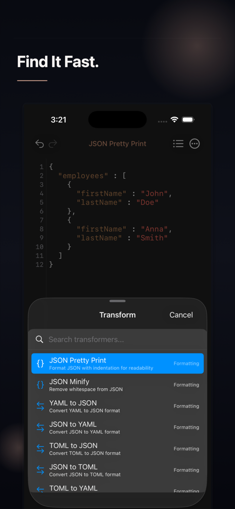 TextNova app interface showing a JSON code editor and a list of transformation tools like JSON Pretty Print and Minify