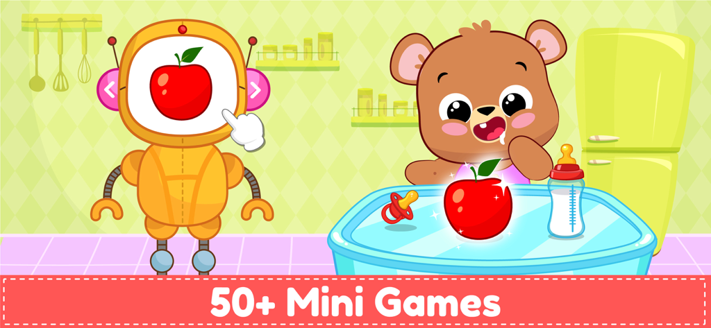 Baby Pet Care Games & Dress up - Cartoon bear and robot in a kitchen mini game for toddlers