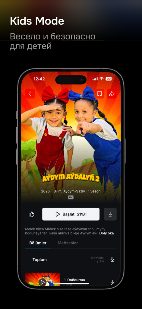 Belet - Interface of the Belet streaming app showing Kids Mode with Turkmen language children's content.