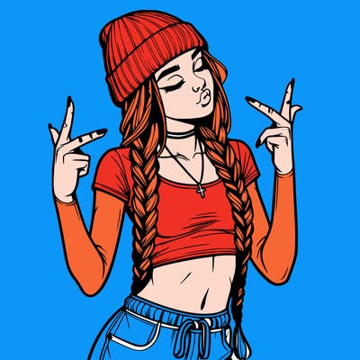 realistic teenage girl with braids and a beanie and crop top doing 🫶🏼