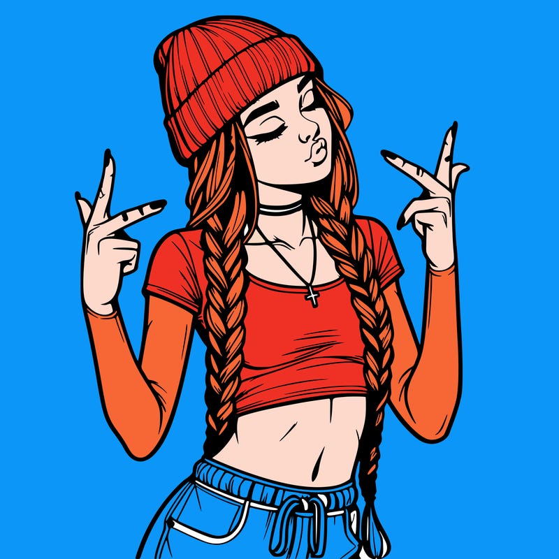 realistic teenage girl with braids and a beanie and crop top doing 🫶🏼