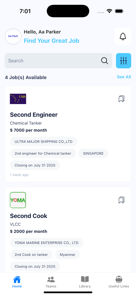Seafarer Solution - Seafarer Solution mobile app home screen showing maritime job openings for engineers and cooks with salary details