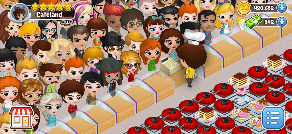 Cafeland - Restaurant Cooking - Cartoon chef managing a long line of customers in a bustling restaurant