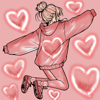 realistic girl jumping with a bun and oversized sweatshirt