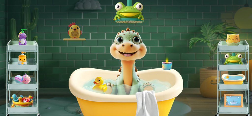 Cute cartoon dinosaur enjoying a bath in a yellow tub with toys