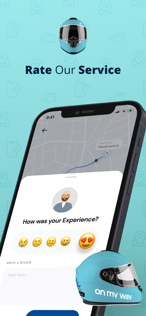 On My Way: Car Wash - Mobile app screen for rating the car wash service featuring emoji icons and a text field to write a review.