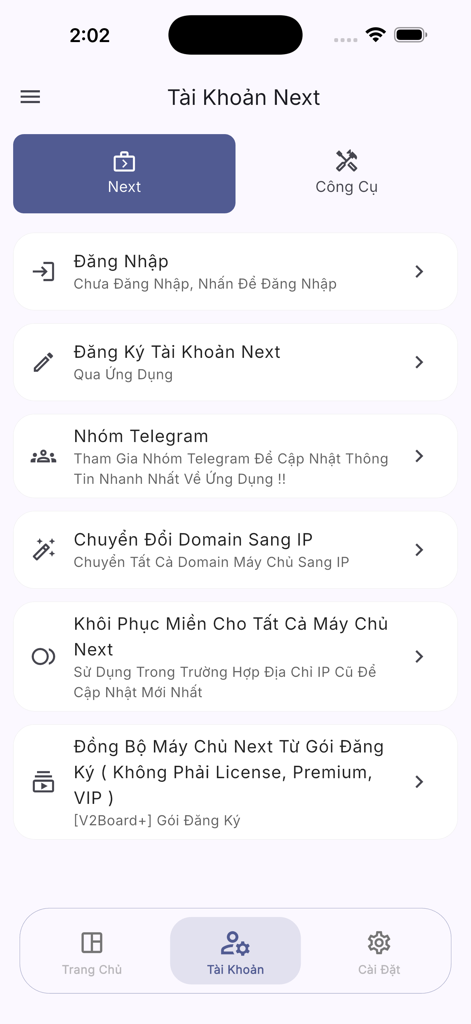 Platform Next - Unlimited VPN - Account management screen in the Platform Next VPN app with options for login registration and server synchronization