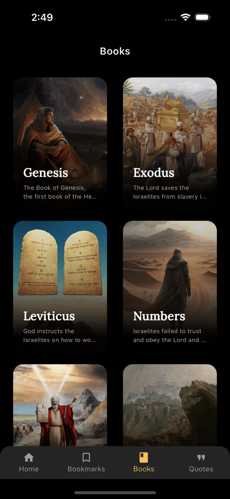 Libreria digitale di libri biblici con illustrazioni cinematografiche per Genesi ed Esodo.