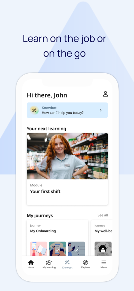 Learningbank - Learningbank mobile app home screen showing personalized training modules and onboarding journeys
