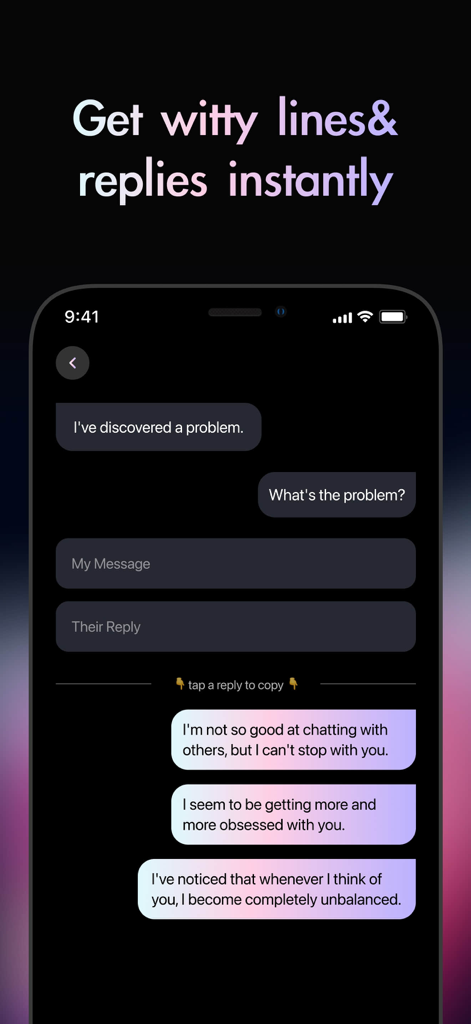 Plug AI - AI Dating Assistant - Interface do aplicativo Plug AI mostrando respostas espirituosas geradas por IA e iniciadores de conversa.
