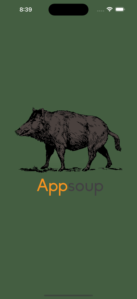 Wild Hog Sounds - Splash screen of the Wild Hog Sounds mobile app featuring a wild boar illustration and Appsoup logo.
