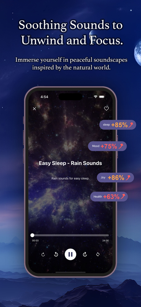 Interface do aplicativo Serenity Sleep exibindo sons de chuva e estatísticas de bem-estar sobre um fundo cósmico.