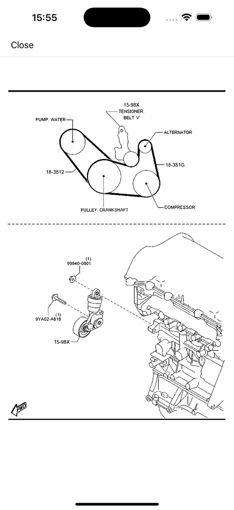 Technische Montagezeichnung der Riemenführung und der Teilenummern des Riemenspanners eines Mazda-Motors