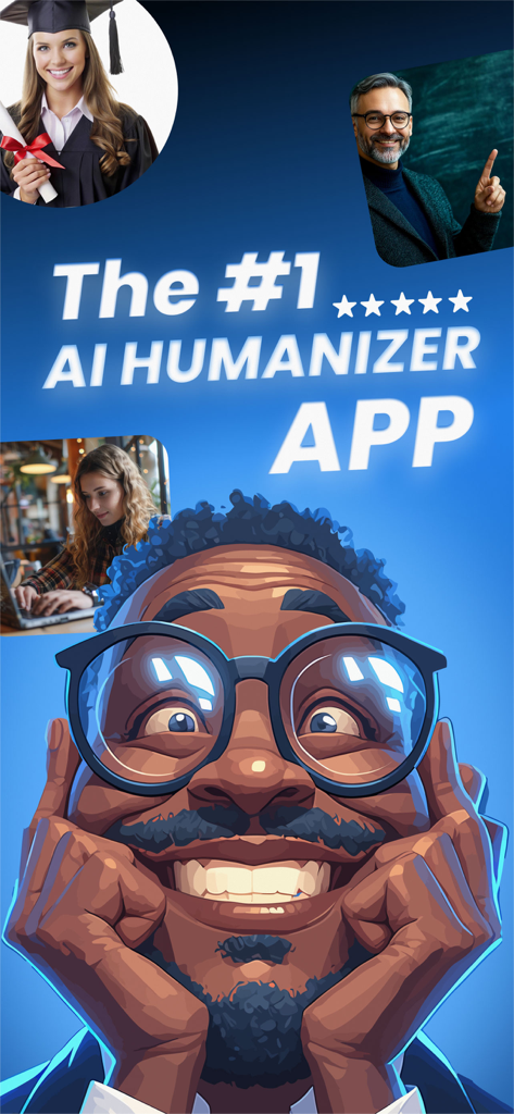 Justdone AI Detector - Justdone AI Humanizer app screen featuring a graduate and professional with the text The number 1 AI humanizer app