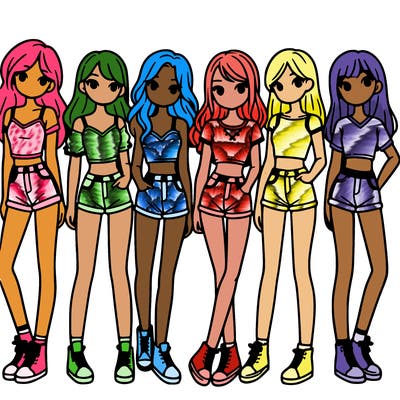 a group of girls wearing crop tops and shorts