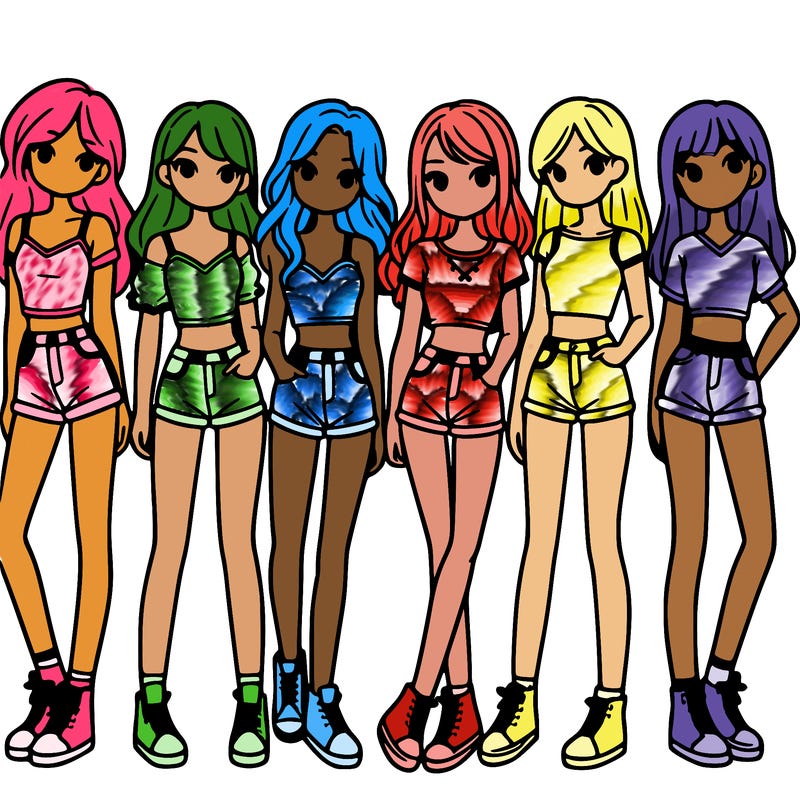 a group of girls wearing crop tops and shorts