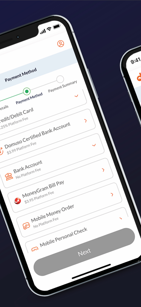 Domuso Resident Portal - A mobile app screen showing various payment options for rent including credit card, bank account, MoneyGram, and mobile money order.