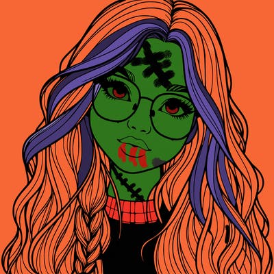 girl with long hair and freckles and glasses realistic