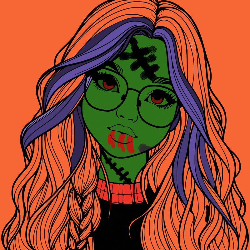 girl with long hair and freckles and glasses realistic