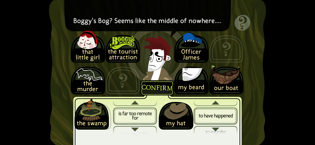 Detective Grimoire - Captura de pantalla del juego de Detective Grimoire mostrando la interfaz de deducción donde los jugadores conectan pistas y pensamientos para resolver el misterio.