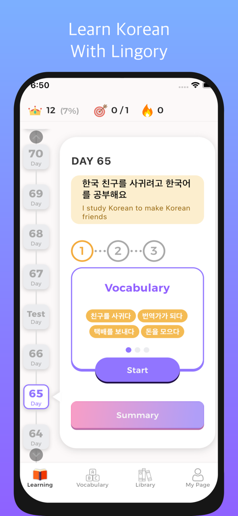 Lingory - A screenshot of the Lingory app showing a daily Korean language lesson screen with vocabulary exercises