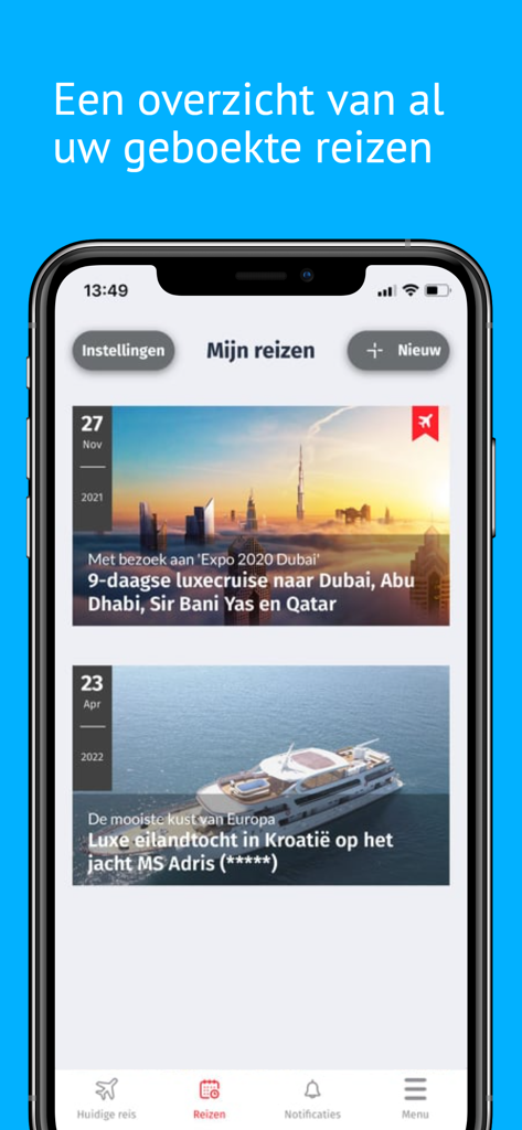 Thema Travel - 예약된 럭셔리 여행 일정 목록을 보여주는 테마 트래블 앱의 스크린샷입니다.