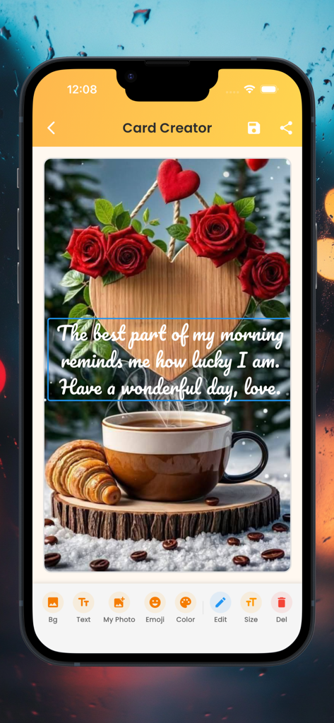 Good Morning greetings - Mobile app interface for creating custom good morning greeting cards with romantic themes
