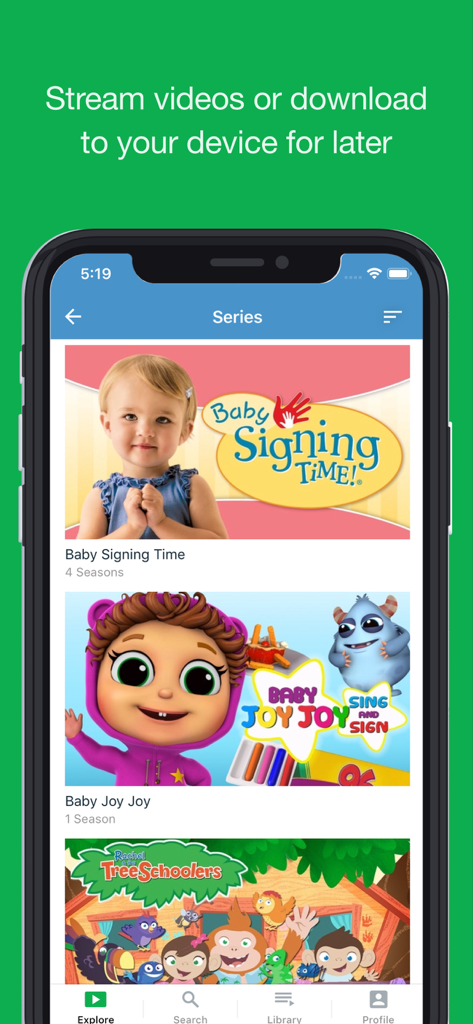 The My Signing Time app interface displaying various educational ASL video series for children including Baby Signing Time and Baby Joy Joy