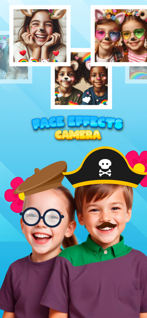 Face Effects Camera - Stickers - Niños usando la app Face Effects Camera con varios stickers divertidos como sombreros de pirata, orejas de animal y gafas