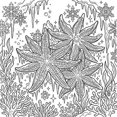 Explore the enchanting depths where magnificent Sunflower Sea Stars thrive in a fantastical Winter Wonderland. This unique coloring page blends marine wonder with frosty magic, offering a captivating artistic escape.