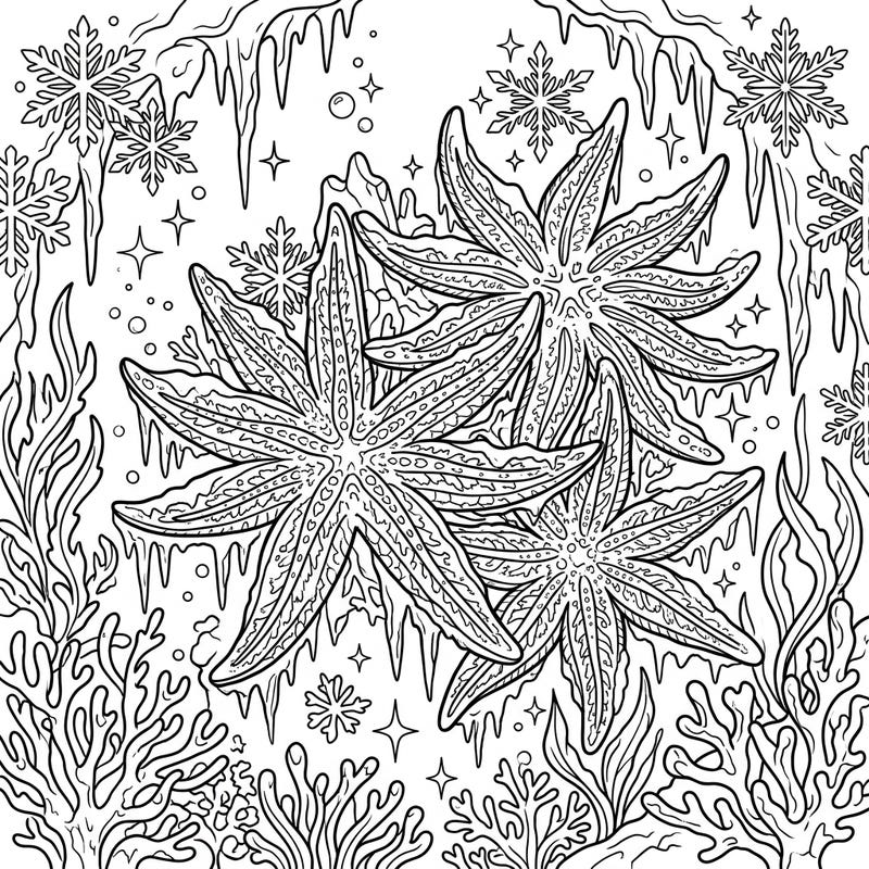 Explore the enchanting depths where magnificent Sunflower Sea Stars thrive in a fantastical Winter Wonderland. This unique coloring page blends marine wonder with frosty magic, offering a captivating artistic escape.