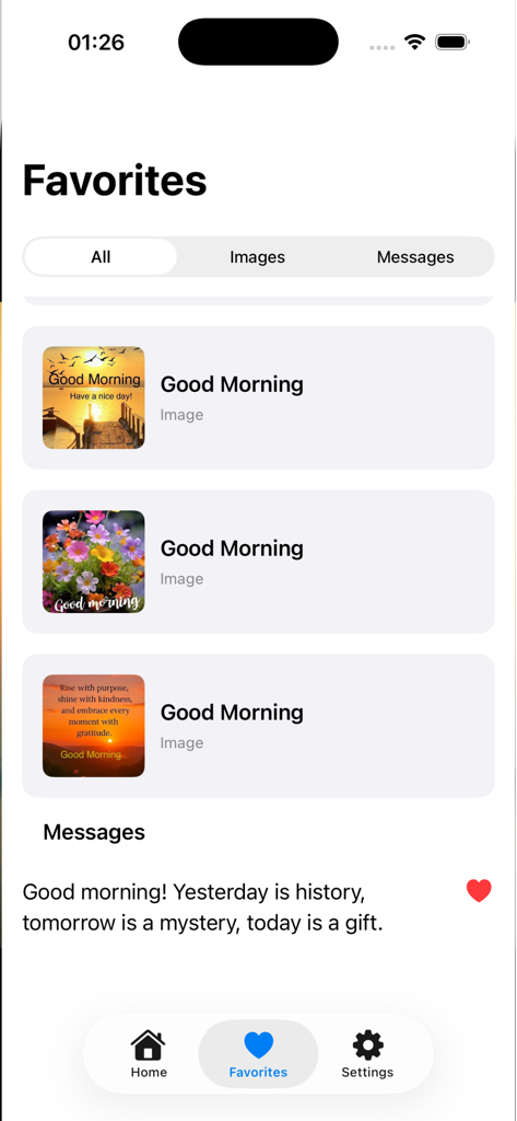 Good Morning GIFs - おはようGIFアプリのお気に入り画面に保存された画像とメッセージが表示されています。