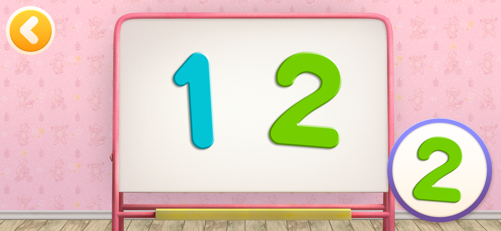 Una pantalla educativa de la aplicación Masha y el Oso que muestra una pizarra con los números uno y dos para aprender a contar