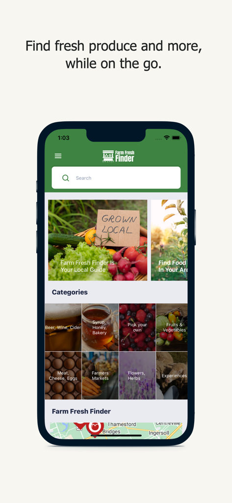 Farm Fresh Finder - Farm Fresh Finder mobile app home screen showing local food categories like fruits, vegetables, and farmers markets