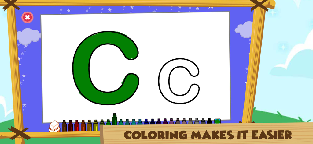 Actividad de colorear para la letra C mayúscula y minúscula en una aplicación educativa para niños