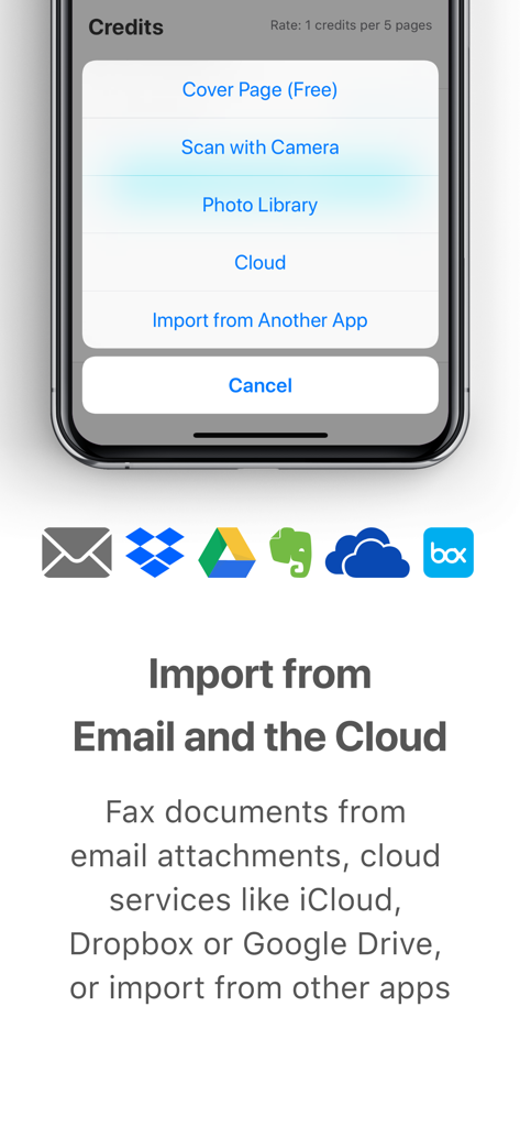 JotNot Fax - Send Receive Fax - JotNot Fax interface showing options to import documents from email and cloud storage