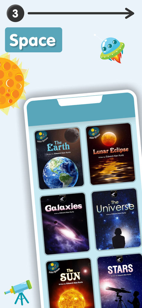 Mobile screen showing a collection of educational space books for children including titles like The Earth, Galaxies, and The Universe.