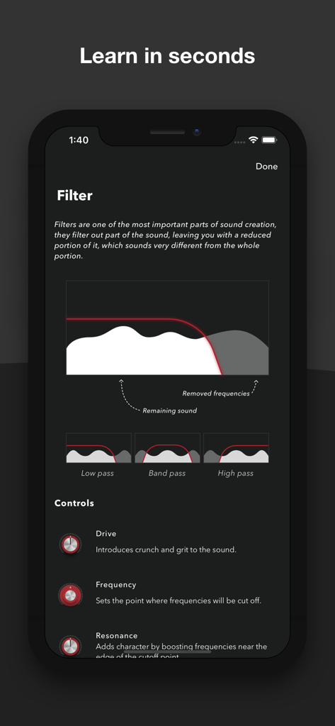 Reason Compact app screenshot showing an educational guide on sound filters and music production controls.