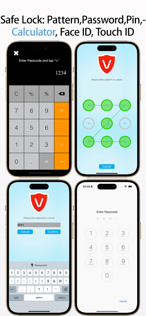 SecurityX- AD Blocker,Privacy+ - SecurityX app interface displaying four different safe lock methods including calculator pattern password and pin